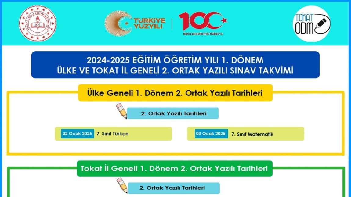 2024-2025 EĞİTİM-ÖĞRETİM YILI 1. DÖNEM 2. ORTAK SINAV TAKVİMİ