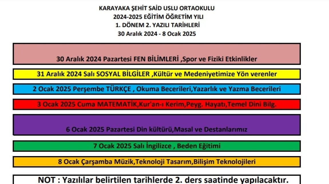 2024-2025 EĞİTİM ÖĞRETİM YILI 1. DÖNEM 2. YAZILI TARİHLERİ